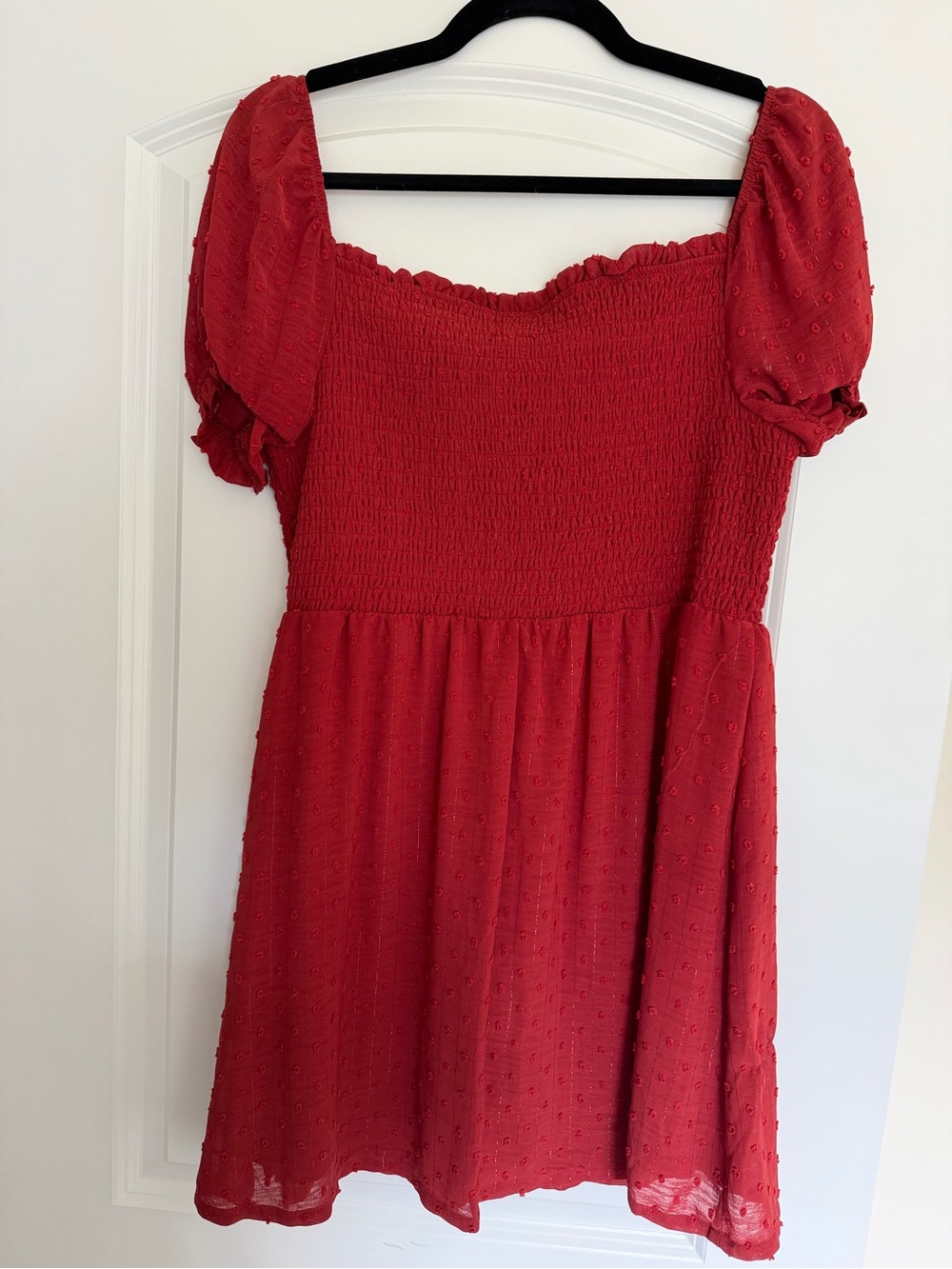 Crystal Doll Red Smocked Puff-Sleeve Casual Dress